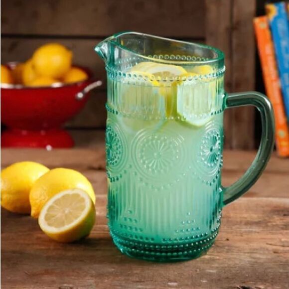 🦋 New Pioneer Woman Adeline Turquoise Blue Glass 54 oz Water Pitcher - Picture 7 of 12